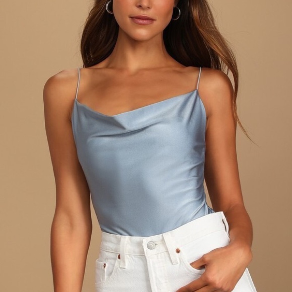 Lulu’s Talking Smooth Dusty Blue Cowl Neck Bodysuit